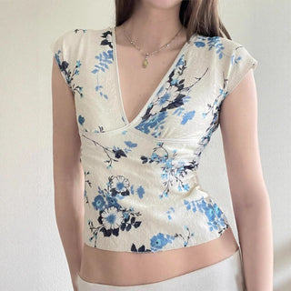Lace cap sleeve v neck flower print top