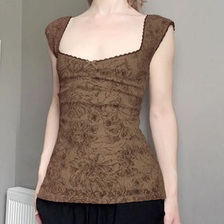 Cap sleeve v neck flower print bowknot top