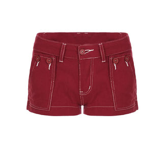 Zip-up button pocket low rise denim shorts