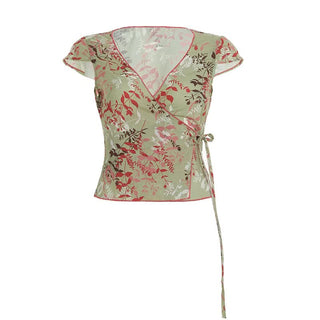 Ruched v neck self tie cap sleeve print top