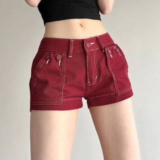 Zip-up button pocket low rise denim shorts