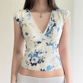 Lace cap sleeve v neck flower print top