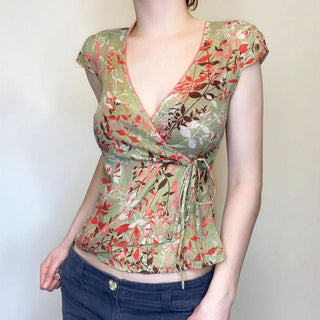 Ruched v neck self tie cap sleeve print top