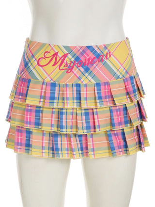 Pleated plaid zip-up letter pattern A line mini skirt