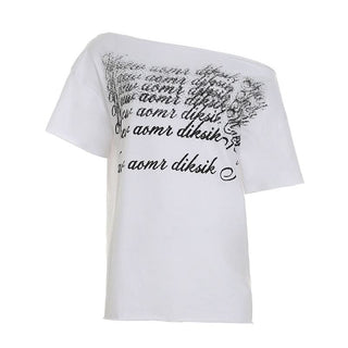 Irregular letter print short sleeve one shoulder top