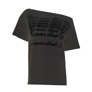 Irregular letter print short sleeve one shoulder top