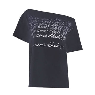 Irregular letter print short sleeve one shoulder top