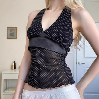 Halter polka dot v neck self tie ruffle mesh top