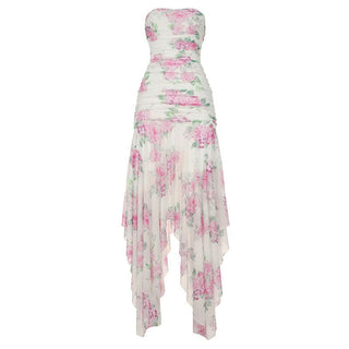 Irregular flower print ruched mesh tube maxi dress
