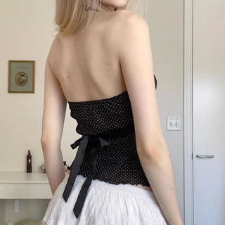 Halter polka dot v neck self tie ruffle mesh top