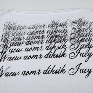 Irregular letter print short sleeve one shoulder top