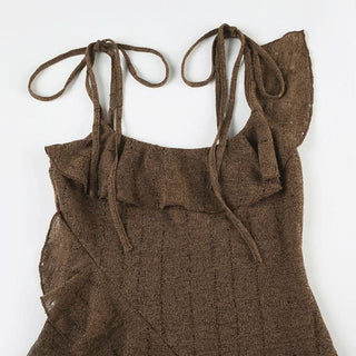 Irregular ruffle self tie square neck mini dress