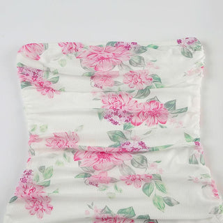 Irregular flower print ruched mesh tube maxi dress