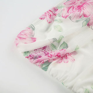 Irregular flower print ruched mesh tube maxi dress