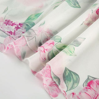 Irregular flower print ruched mesh tube maxi dress