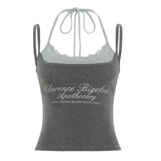 Lace hem u neck halter self tie letter pattern top