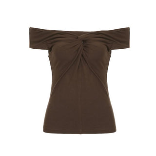 Off shoulder ruched knotted solid top