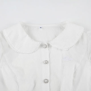 Puff sleeve striped button turnover collar top