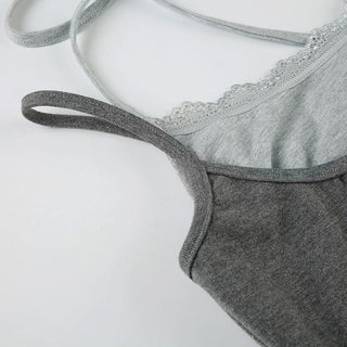 Lace hem u neck halter self tie letter pattern top