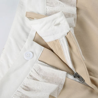 Zip-up button ruched lace straight leg pant