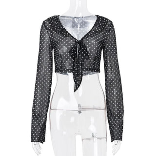 Polka dot long sleeve v neck crop top