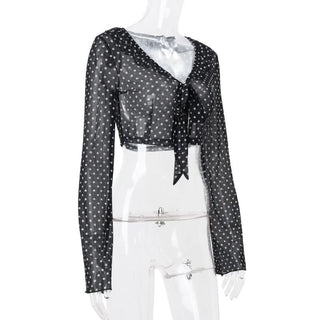 Polka dot long sleeve v neck crop top