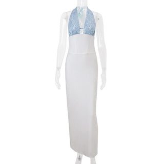 Halter backless contrast maxi dress