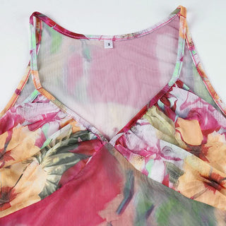 V neck flower print mesh cami top
