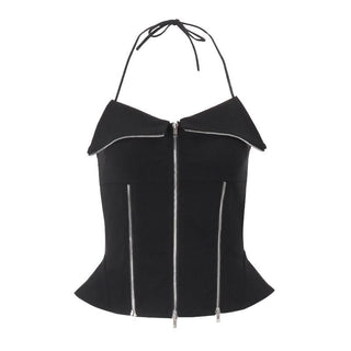 Zip-up halter solid backless top