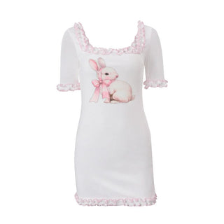 Rabbit print square neck short sleeve ruffle mini dress
