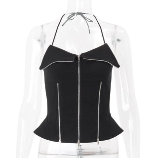 Zip-up halter solid backless top
