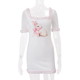 Rabbit print square neck short sleeve ruffle mini dress