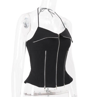 Zip-up halter solid backless top