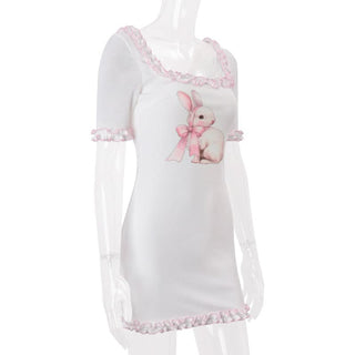 Rabbit print square neck short sleeve ruffle mini dress