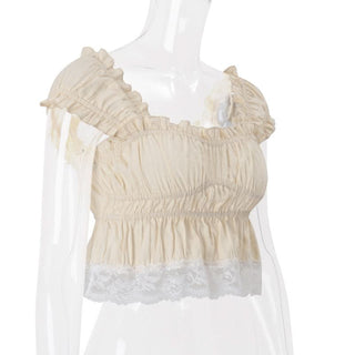 Cap sleeve smocked lace hem ruffle top