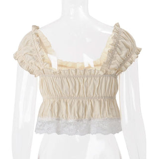 Cap sleeve smocked lace hem ruffle top
