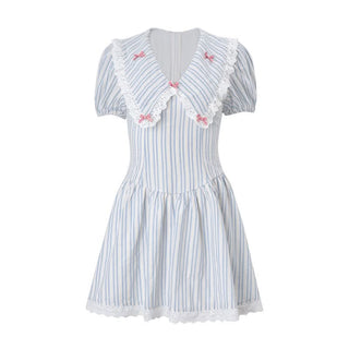 Short sleeve lace hem striped print mini dress