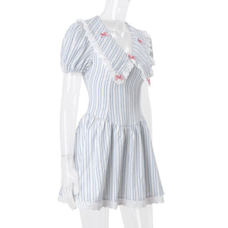 Short sleeve lace hem striped print mini dress