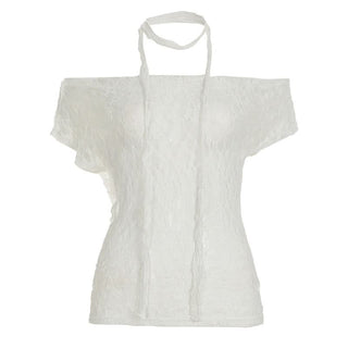 Short sleeve irregular lace off shoulder top