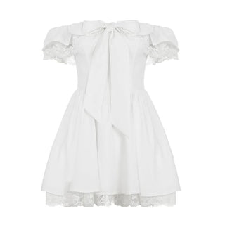 Off shoulder bowknot lace hem zip-up mini dress