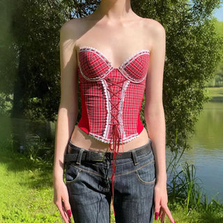 Lace up corset lace hem plaid tube top