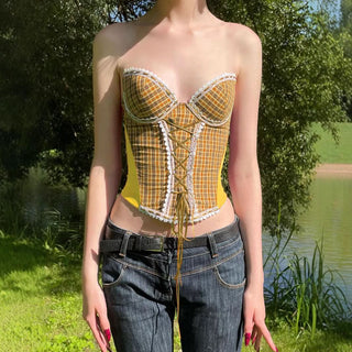 Lace up corset lace hem plaid tube top