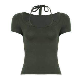 Short sleeve halter self tie square neck top