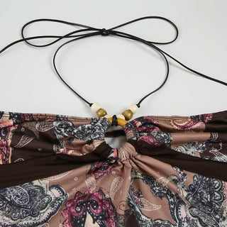 Self tie halter hollow out beaded print cut out top