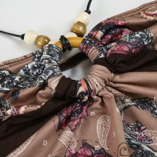 Self tie halter hollow out beaded print cut out top