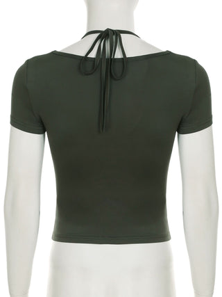 Short sleeve halter self tie square neck top