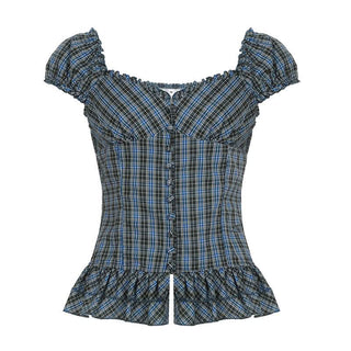 Ruffle plaid ruched v neck cap sleeve top