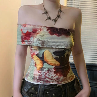 One shoulder irregular butterfly print tube top
