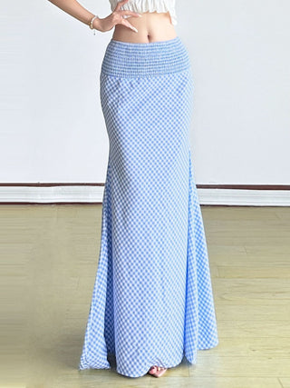 Plaid smocked zip-up contrast maxi skirt
