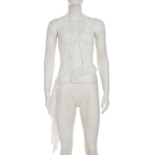 Irregular v neck self tie halter lace top